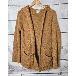 Arizona Jean Co. Womens Sweater L Mustard Hooded Open Front Teddy Bear Knit Cozy